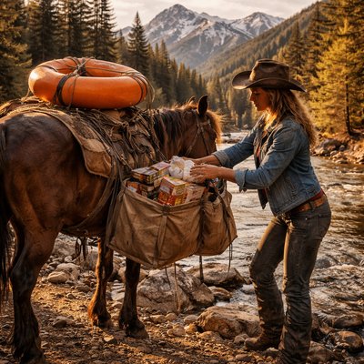 Cinematic Nature Photography, Americana Style, Golden Hour Lighting. A candid, detailed shot of an authentic cowgirl in a worn leather hat, denim jacket, and dusty boots. She is standing beside a sturdy pack horse in a rocky creek bed, actively stuffing overflowing, rugged canvas panniers.

The details of the load are clear: A large bag of jumbo marshmallows and a red box of graham crackers are peeking out of one open saddlebag, next to chocolate bars. Strapped awkwardly to the very top of the pack saddle with ropes is a large, bright orange inflatable river tube.

The environment is stunning Colorado high country: Towering ponderosa pines and aspen trees line a rushing clear mountain river. Rugged, snow-capped Rocky Mountain peaks rise in the background under a rich blue sky. The light is warm and late-afternoon, catching the dust in the air and the textures of the horse's coat and the leather gear.