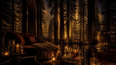 a panoramic redwood forest with light rays through mist, no people