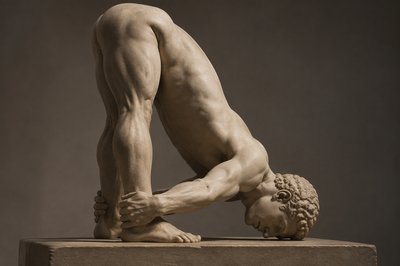 ancient greek ignudi athlete leaning his torso on the ground with his hands around his ankles