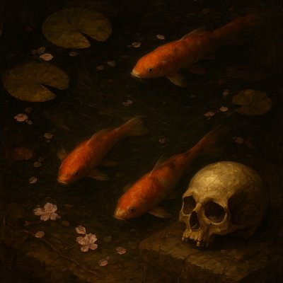 A koi pond seen from above, orange and white koi fish swimming among lily pads, clear water with subtle ripples, fallen cherry blossom petals floating on the surface, dappled sunlight