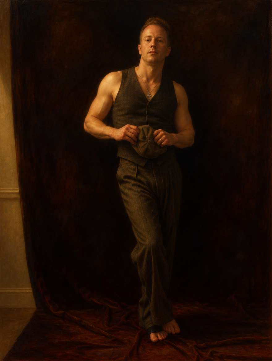 a painting of a man standing in front of a dark background
