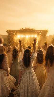 a live music scene with a glowing stage and silhouetted crowd, energetic vertical composition with open space at the top, no text