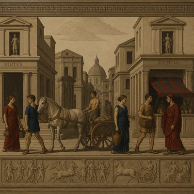 urban street with city activity — Neoclassicism Art Style