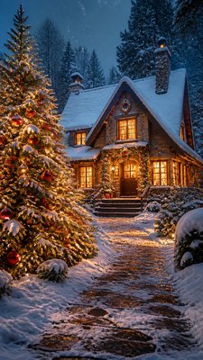 a snow-covered cottage with warm glowing windows beside a decorated pine tree, gentle snowfall, no text