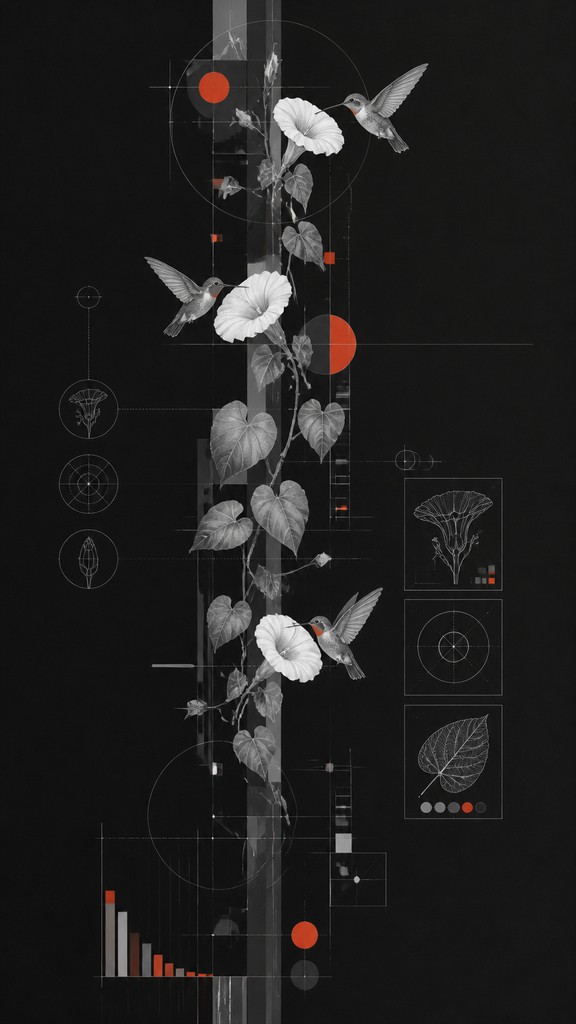 a climbing vine of flowers and hummingbirds on a dark background, tall wrapping composition, no text