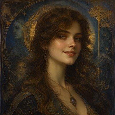 head-and-shoulders portrait of an original character: a young woman with wavy chestnut hair and a warm smile, plain soft backdrop