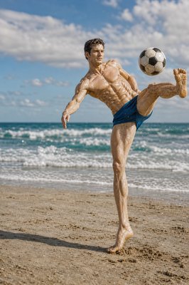 a man kicking a soccer ball on a beach