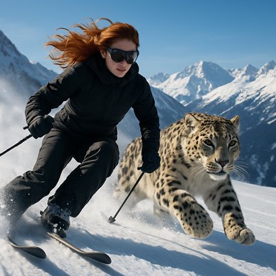 Photorealism Art Style, a majestic snow leopard running alongside a determined red-headed woman, both snow skiing down a pristine, powder-covered mountain slope. The woman is gracefully carving turns, her red hair flowing, while the snow leopard keeps pace effortlessly beside her. Bright, natural daylight, crisp mountain air, a backdrop of snow-capped peaks under a clear blue sky. Focus on dynamic action, realistic textures of fur and snow, and natural light.