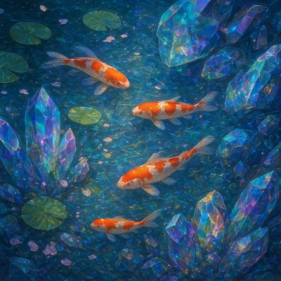 A koi pond seen from above, orange and white koi fish swimming among lily pads, clear water with subtle ripples, fallen cherry blossom petals floating on the surface, dappled sunlight