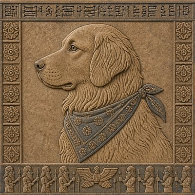 portrait of a golden retriever wearing a blue bandana, warm plain backdrop, no text