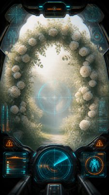an arch of white roses and eucalyptus in soft morning light, elegant vertical composition with open space, no text