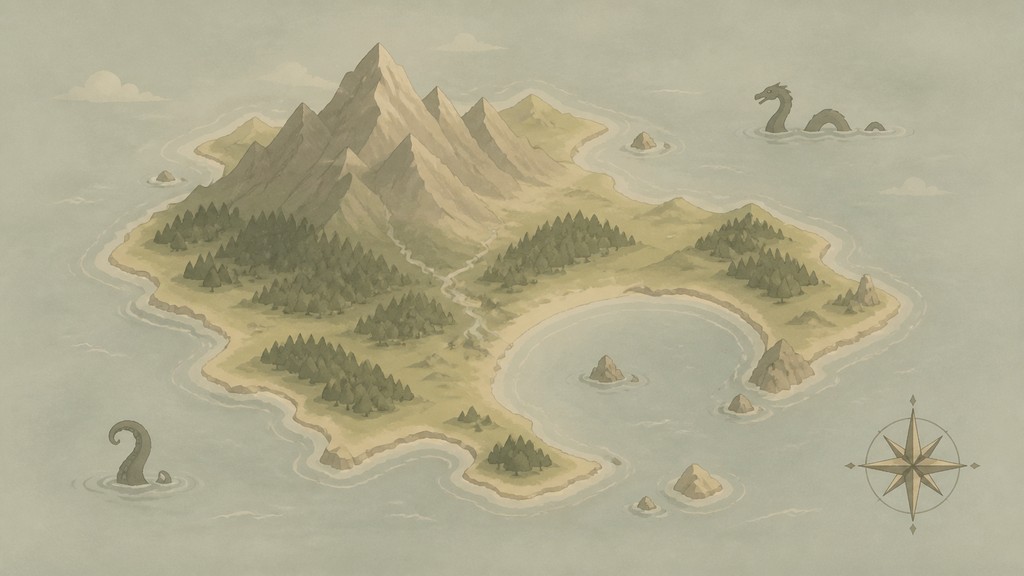 a map of an island realm with mountains, forests, a sheltered bay, sea monsters in the water and a compass rose, no text labels
