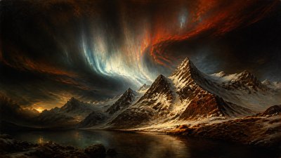 a flowing aurora over snowy peaks, wide sweeping composition, no people, no text