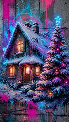 a snow-covered cottage with warm glowing windows beside a decorated pine tree, gentle snowfall, no text