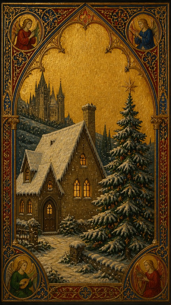 a snow-covered cottage with warm glowing windows beside a decorated pine tree, gentle snowfall, no text