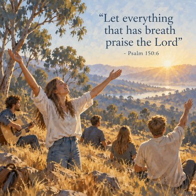 young Christians outdoors praising God during morning sunrise - use quote “Let everything that has breath praise the Lord” - Psalm 150:6