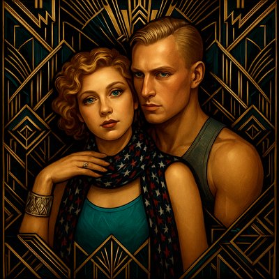 a painting of two people standing next to each other