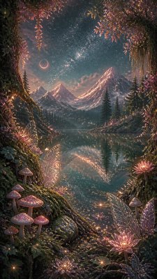 a tranquil mountain lake beneath a starry night sky, no people, no text