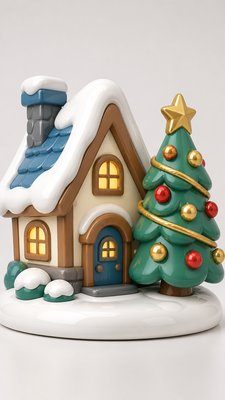 a snow-covered cottage with warm glowing windows beside a decorated pine tree, gentle snowfall, no text