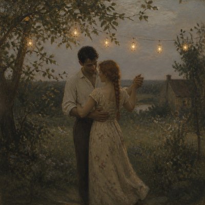 an original couple dancing under string lights in a garden at dusk: a man with short black hair in a linen shirt and a woman with braided red hair in a summer dress
