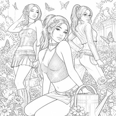 a garden scene with butterflies, flowers and a watering can, clean uncolored line art, no text