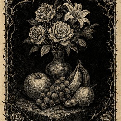 still life arrangement of fruits and flowers