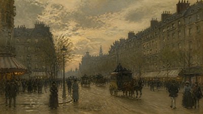 bustling city street panorama at dusk
