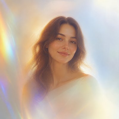 head-and-shoulders portrait of an original character: a young woman with wavy chestnut hair and a warm smile, plain soft backdrop
