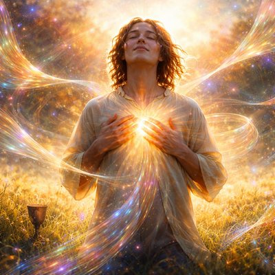 A cinematic, hyper-realistic shot of a person standing in a serene, sun-drenched meadow at dawn. They have their eyes closed and a peaceful, joyful expression, with hands gently placed over their heart. A soft, radiant golden light emanates from within their chest, symbolizing the Spirit. In the deep shadows behind them, a dark, dusty wine goblet sits forgotten and untouched. Swirling, ethereal ribbons of light—resembling flowing musical staves—dance in the air around them. Warm atmosphere, divine glow, 8k resolution, highly detailed, no text, no words.