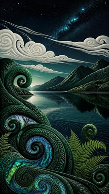 a tranquil mountain lake beneath a starry night sky, no people, no text