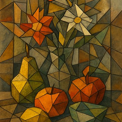 still life arrangement of fruits and flowers