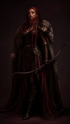full-body original character: a dwarven ranger with a braided auburn beard, worn leather armor, a longbow and a wolf-pelt cloak, neutral background, no text
