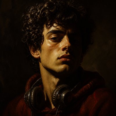 head-and-shoulders portrait of an original character: a young man with curly dark hair and headphones around his neck, plain backdrop, no text