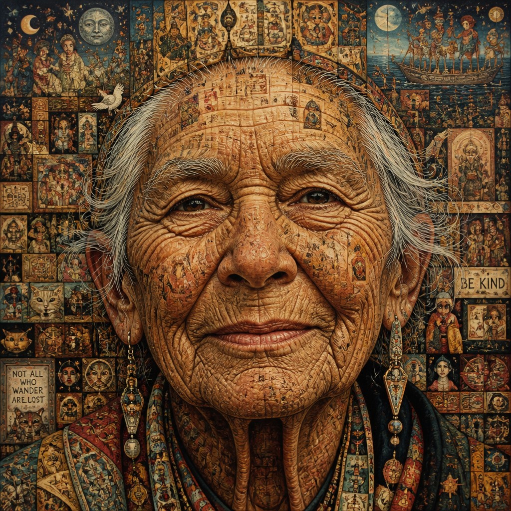 close-up portrait of an elderly person with expressive weathered features — Maximal Variety Art Style