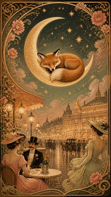 a sleeping baby fox curled on a crescent moon among soft stars, gentle and warm, no text