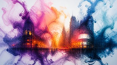 bustling city street panorama at dusk