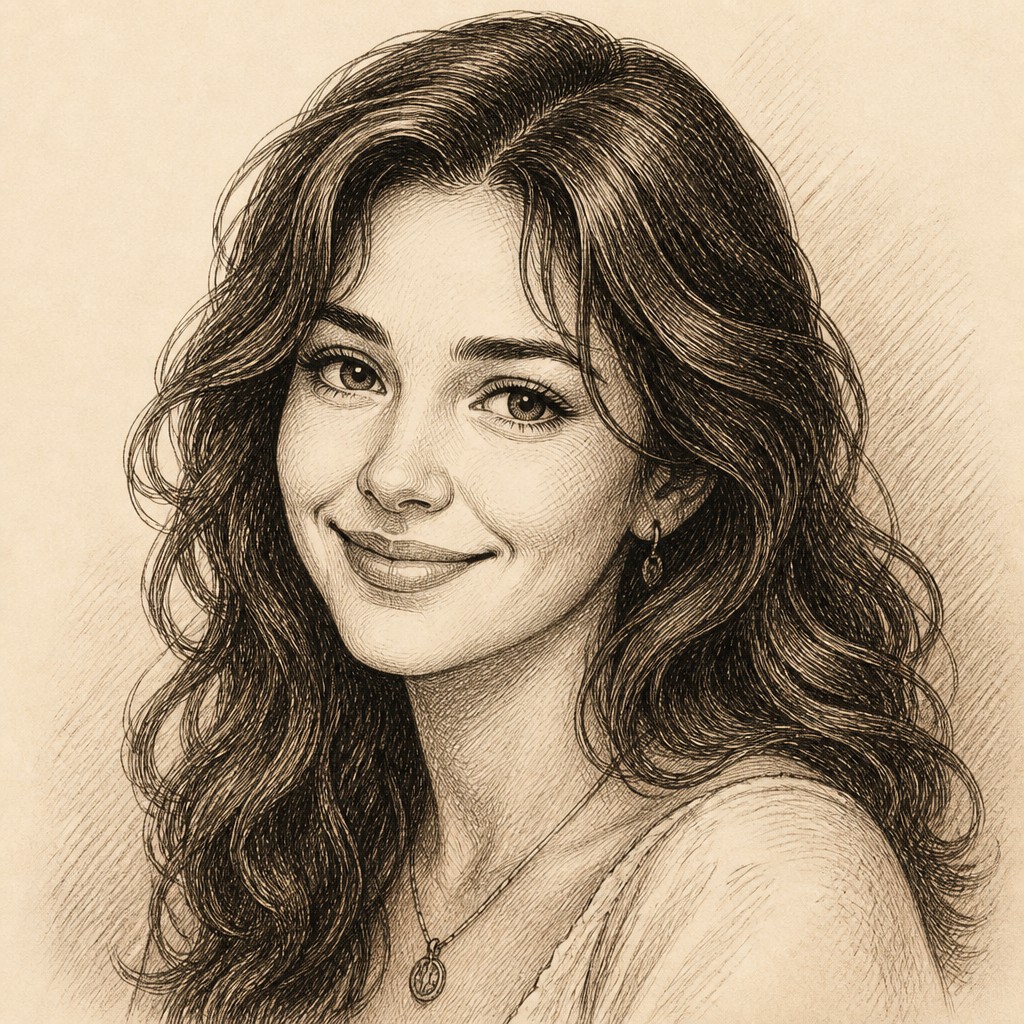 head-and-shoulders portrait of an original character: a young woman with wavy chestnut hair and a warm smile, plain soft backdrop