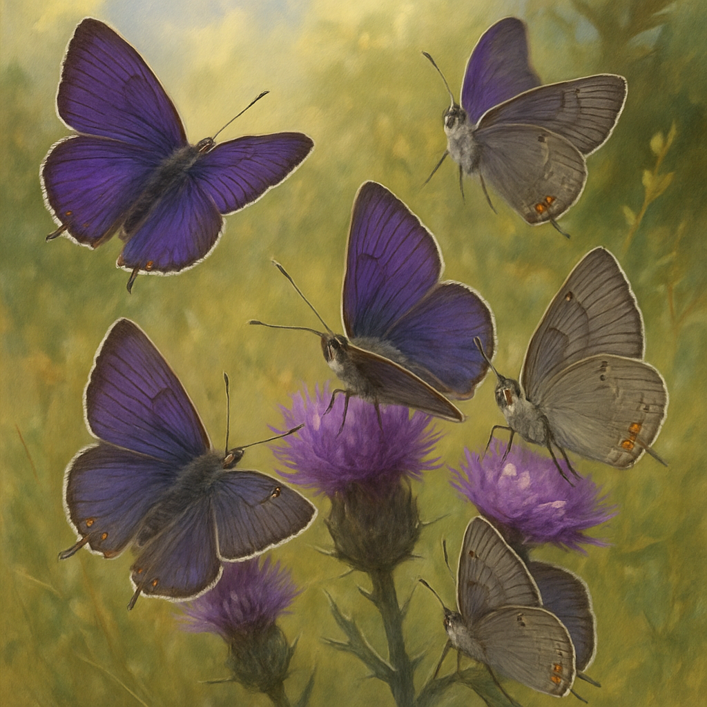 an up close look at several purple hairstreak butterflies fluttering around purple thistle flowers 