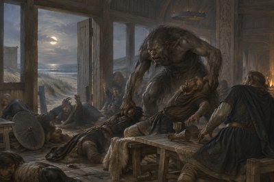 Grendel attacks Beowulf's men at night in the Mead Hall