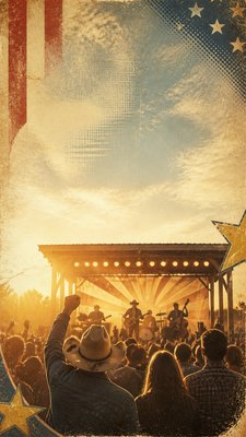 a live music scene with a glowing stage and silhouetted crowd, energetic vertical composition with open space at the top, no text