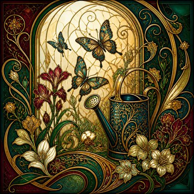 a garden scene with butterflies, flowers and a watering can, clean uncolored line art, no text