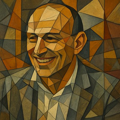 a painting of a smiling man in a suit