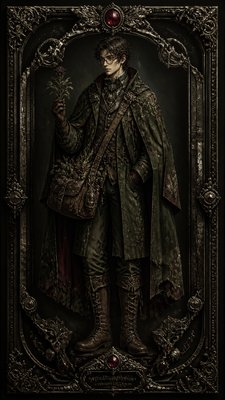 full-body original character: a wandering botanist with a satchel of plants, a patched green cloak, tall boots and round glasses, neutral background
