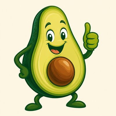 a happy avocado character giving a thumbs up, bold readable design on a plain background, no text