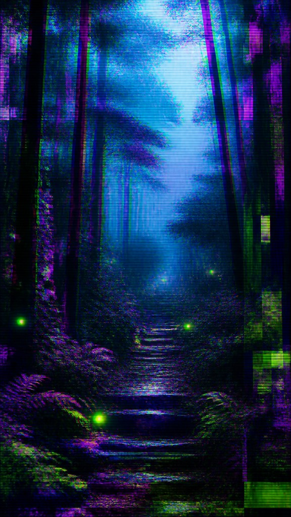 a mysterious forest path with fireflies and drifting mist, atmospheric vertical composition with open space at the top, no text
