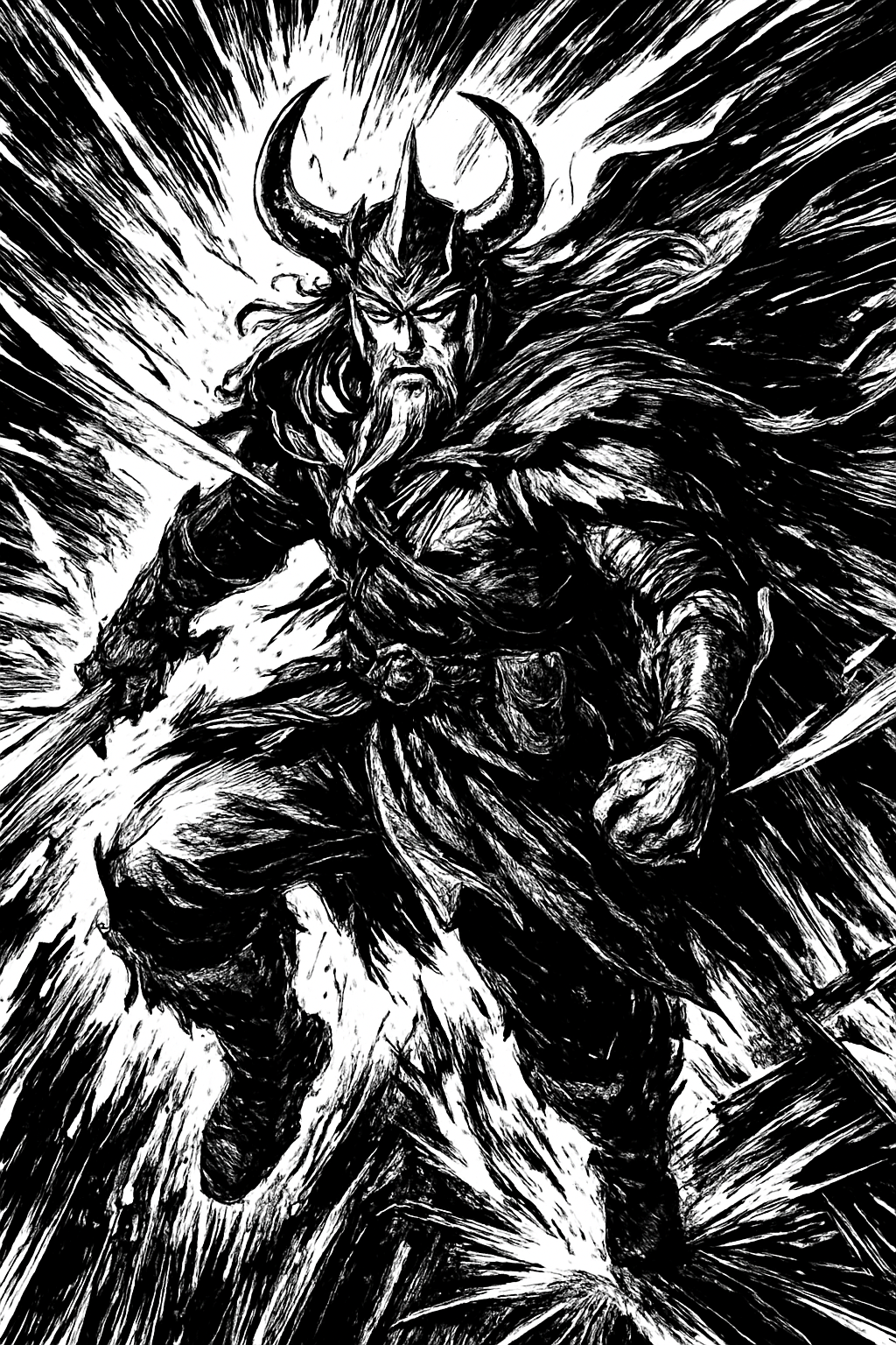 a black and white drawing of a demon