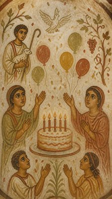 a birthday cake with lit candles surrounded by balloons and confetti, festive vertical composition, no text