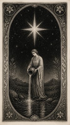 a robed figure pouring water beneath a large eight-pointed star in a night sky, symmetrical composition with an ornate decorative border, no text