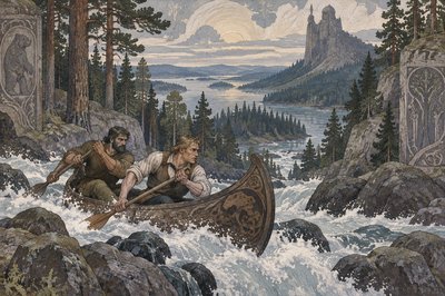 two male athletes paddle their boat in the rapids of a rocky river by the forest