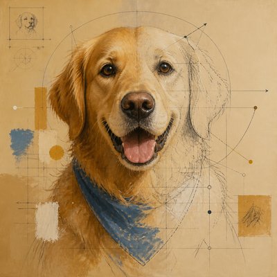 portrait of a golden retriever wearing a blue bandana, warm plain backdrop, no text